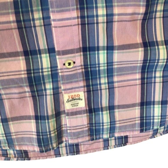 Izod Saltwater Mens Pink Plaid Seaport Poplin Short Sleeve Button Up Shirt Large - Picture 3 of 5